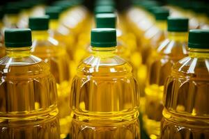 A background of neatly aligned vegetable oil bottles in a factory or store AI Generated photo