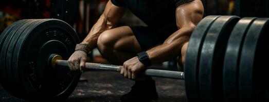 A determined athlete in a state of the art gym, powerlifter preps for heavy lifting AI Generated photo