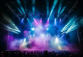 Ai generative Concert Stage Scenery With Spotlights Colored Lights Smoke photo