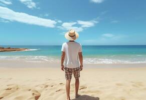 ai generativo espalda ver joven turista hombre en verano vestir y sombrero en pie en hermosa arenoso playa. disfrutando. foto