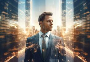 Ai generative A Double Exposure of a Businessman in the Cityscape Embodies Success and Future Plans photo