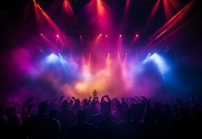 Ai generative Concert Stage Scenery With Spotlights Colored Lights Smoke photo