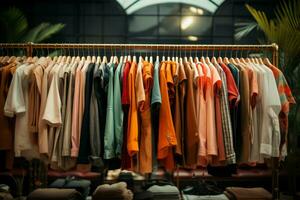 moderno boutique muestra ropa en perchas, definiendo un elegante ropa compras experiencia. ai generado foto