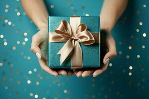 Perspective from above Hands embrace paper gift box, blue bow on sequined pastel. AI Generated photo