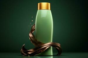 Revitalizing concept 3D shampoo bottle, wavy locks on green mock up background AI Generated photo