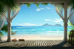 Immersive 3D gazebo by the ocean, tropical beachfront, tranquil seascape AI Generated photo