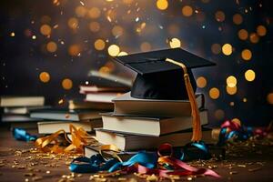 Books and a graduation cap symbolize scholarly success against a confetti backdrop AI Generated photo