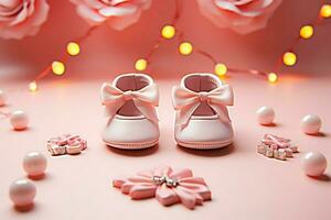 Charming pink wall showcases cute, festive newborn baby girl shoes AI Generated photo