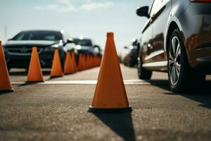 Car navigates traffic cones, a vital component of the driving license test. AI Generated photo