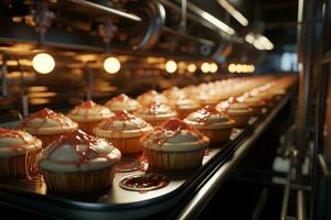 Factory hums as cakes progress on the conveyor line  AI Generated photo