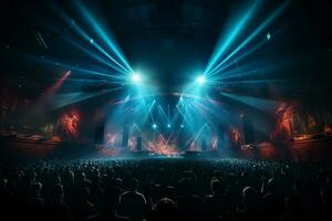 Ai generative Crowded Concert Stage Scenery With Spotlights and Colored Lights realistic image, ultra hd photo