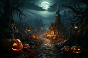 Halloween background with pumpkins and haunted house - 3D render. Halloween background photo