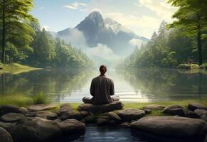 ai generative photo of a man practicing mindfulness and meditation in a peaceful natural environment sony A7s realistic image, ultra hd, high design very detailed