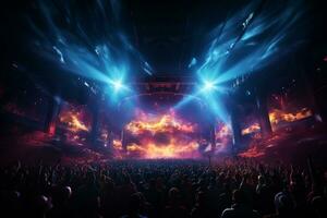 Ai generative Crowded Concert Stage Scenery With Spotlights and Colored Lights realistic image, ultra hd photo