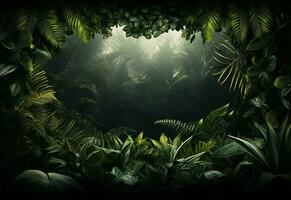 Beautiful jungle background with border made of tropical leaves backdrop with copy space photo