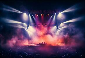 Ai generative Concert Stage Scenery With Spotlights Colored Lights Smoke photo