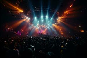 Ai generative Crowded Concert Stage Scenery With Spotlights and Colored Lights realistic image, ultra hd photo