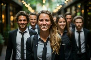 Ai Generative group of happy business man and business women, dressed in suits are smiling, in the office photo