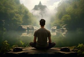 ai generativo foto de un hombre practicando atención plena y meditación en un pacífico natural ambiente sony a7s realista imagen, ultra alta definición, alto diseño muy detallado