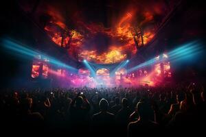 Ai generative Crowded Concert Stage Scenery With Spotlights and Colored Lights realistic image, ultra hd photo