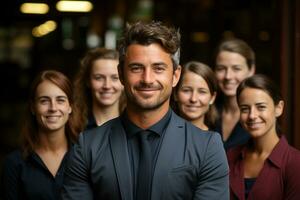 Ai Generative group of happy business man and business women, dressed in suits are smiling, in the office photo