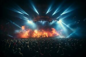 Ai generative Crowded Concert Stage Scenery With Spotlights and Colored Lights realistic image, ultra hd photo