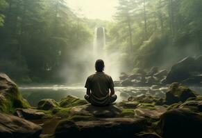 ai generative photo of a man practicing mindfulness and meditation in a peaceful natural environment sony A7s realistic image, ultra hd, high design very detailed