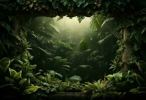 Ai Generative Beautiful jungle background with border made of tropical leaves backdrop with copy space photo