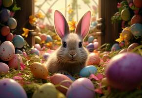 Ai generative photo happy bunny with many easter eggs on grass festive background for decorative design