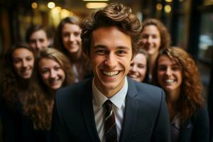 Ai Generative group of happy business man and business women, dressed in suits are smiling, in the office photo