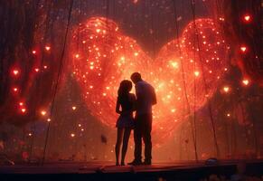 Ai generative A couple Hugging each other on Valentine's Day, area illuminated by the warm glow of hanging hearts photo