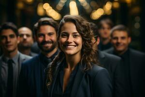 ai generativo grupo de contento negocio hombre y negocio mujer, vestido en trajes son sonriente, en el oficina foto