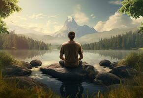 ai generative photo of a man practicing mindfulness and meditation in a peaceful natural environment sony A7s realistic image, ultra hd, high design very detailed