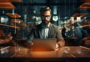 Ai Generative double exposure photo of a business man using laptop on his desk front view office background