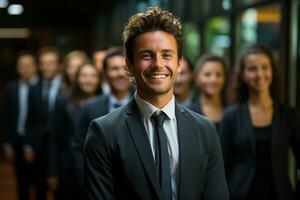 Ai Generative group of happy business man and business women, dressed in suits are smiling, in the office photo