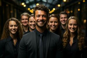 Ai Generative group of happy business man and business women, dressed in suits are smiling, in the office photo