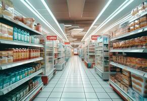 Ai generative Blurry shopping shelves in supermarkets and department stores realistic image ultra hd high design photo