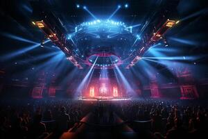 Ai generative Crowded Concert Stage Scenery With Spotlights and Colored Lights realistic image, ultra hd photo