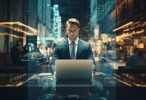 Ai generative double exposure photo of a business man using laptop on his desk front view office background realistic image, ultra hd, high design very detailed