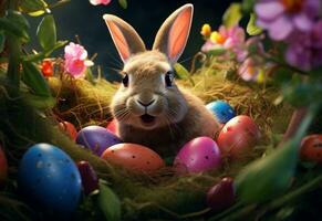 Ai generative photo happy bunny with many easter eggs on grass festive background for decorative design