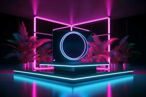 Minimalistic neon lit exhibition stand, a great design canvas for various purposes AI Generated photo