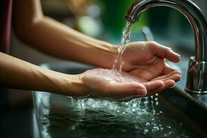 Close up Unidentified woman initiates hygiene, washing her hands diligently in the bathroom AI Generated photo