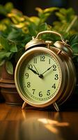 Nostalgic alarm clock and green houseplant set on wooden surface Vertical Mobile Wallpaper AI Generated photo