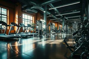 A gyms indoors showcases a plethora of exercise and workout equipment AI Generated photo