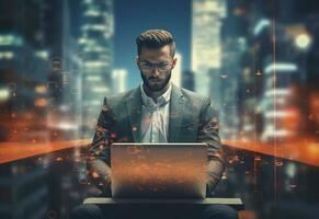Ai generative double exposure photo of a business man using laptop on his desk front view office background realistic image, ultra hd, high design very detailed