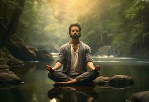 ai generative photo of a man practicing mindfulness and meditation in a peaceful natural environment sony A7s realistic image, ultra hd, high design very detailed