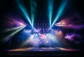 Ai generative Concert Stage Scenery With Spotlights Colored Lights Smoke photo