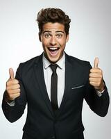 Ai generative photo business concept portrait of excited man dressed in formal wear giving thumbs up