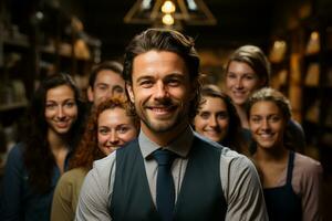 Ai Generative group of happy business man and business women, dressed in suits are smiling, in the office photo