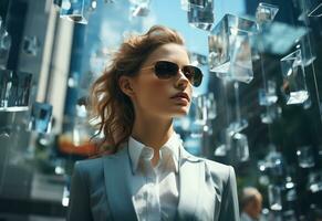 Ai generative Double Exposure of a Business women in the Cityscape Embodies Success and Future Plans realistic photo